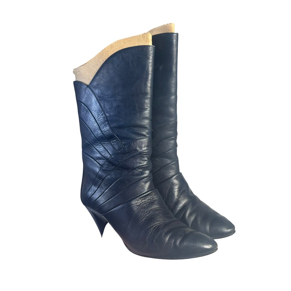 Gloria Vanderbilt VTG 5 Navy Blue Leather Pleated Kitten Heel Boot Pointed Toe - Picture 2 of 16